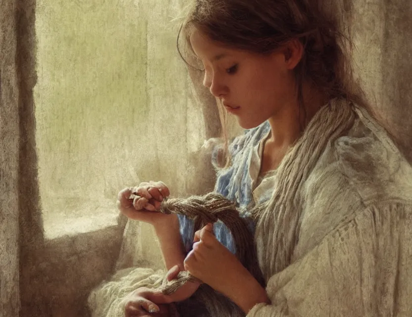 Image similar to peasant girl with long hair yarn knitting, cottage core, cinematic focus, polaroid photo bleached vintage pastel colors high - key lighting, soft lights, foggy, by steve hanks, by lisa yuskavage, by serov valentin, by tarkovsky, 8 k render, detailed, oil on canvas