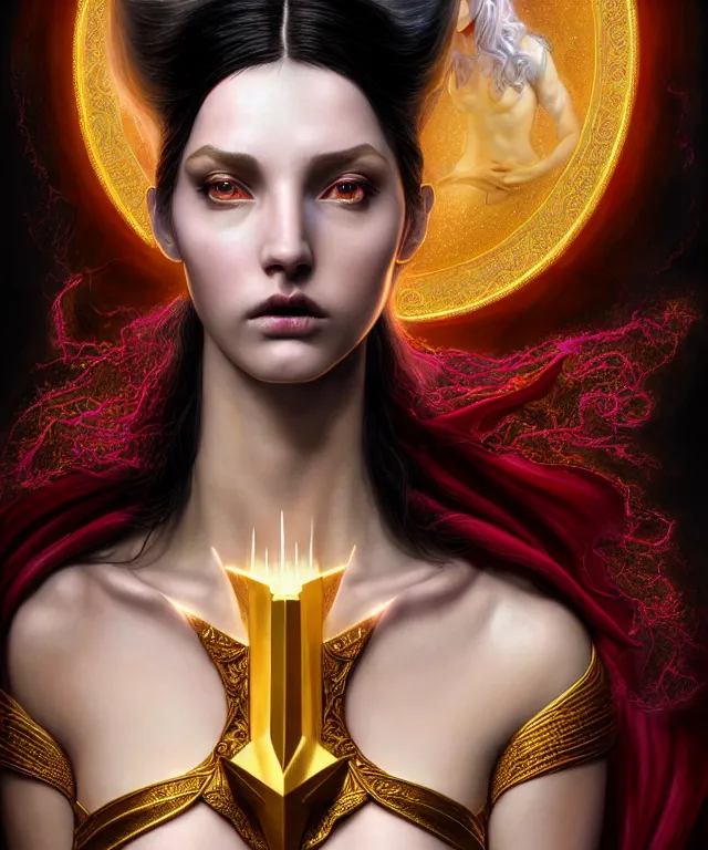 Prompt: hyperrealistic mixed media painting of a beautiful young female sorceress, stunning 3d render inspired art by P. Craig Russell and Barry Windsor-Smith + perfect facial symmetry + dim volumetric lighting, dark black hair, pale skin, ornate crimson robes with gold trim, dizzy, full body, confident heroic pose, 8k octane beautifully detailed render, post-processing, extremely hyperdetailed, intricate, epic composition, grim yet sparkling atmosphere, cinematic lighting + masterpiece, trending on artstation, very very detailed, masterpiece, stunning