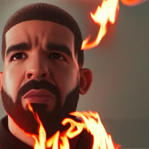 Image similar to cinematic film still of Drake starring as a Japanese Sensei with fire, Japanese CGI, VFX, 2022, 40mm lens, shallow depth of field, film photography