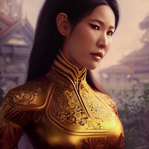 Image similar to muscular woman wearing ao dai, ultra realistic, concept art, intricate details, highly detailed, photorealistic, octane render, 8 k, unreal engine. art by artgerm and greg rutkowski and alphonse mucha