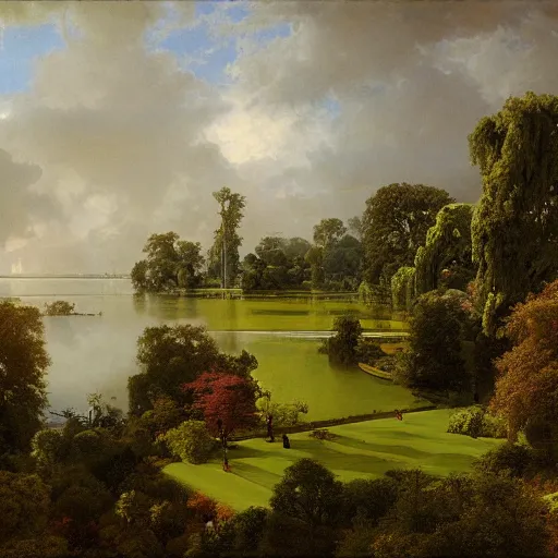 Image similar to aerial view of english stately home, lawns, gardens, lake, woodland, fantasy, carl spitzweg, g liulian, david curtis, christophe vacher, james paick