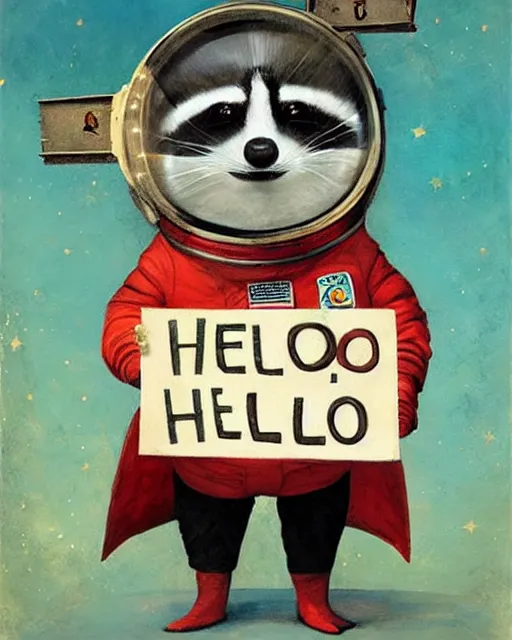 Image similar to astronaut racoon holding a sign that says hello by esao andrews