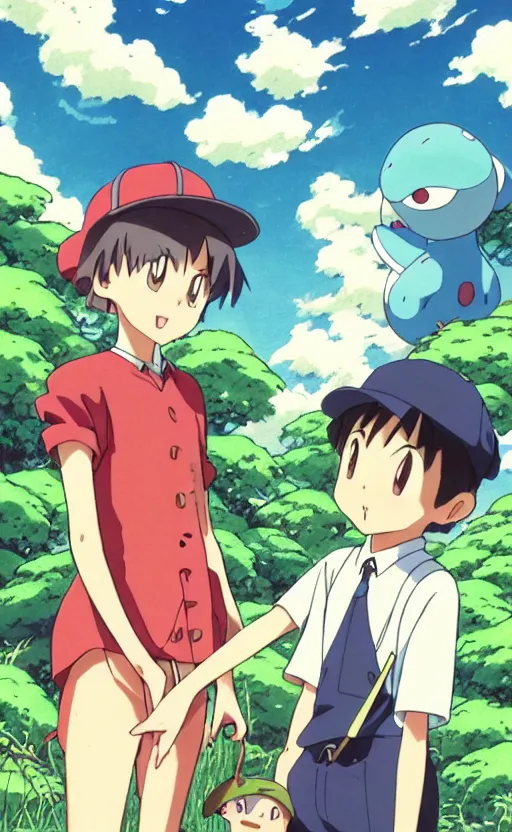 Image similar to a pocket monster go card from 1 9 5 0, illustration, clear sky background, lush landscape, concept art, anime key visual, trending pixiv fanbox, by wlop and greg rutkowski and makoto shinkai and studio ghibli and kyoto animation and ken sugimori, symmetrical facial features, short hair, hair down, adult beetle trainer, box art