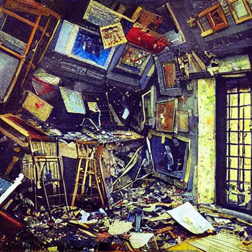 Image similar to nanopunk by viktor vasnetsov, by anne mccaffrey dignified. a performance art of a room that is wrecked, furniture overturned, belongings strewn about, & debris everywhere. the only thing left intact is a photograph on the wall shows a tidy, well - appointed space, with everything in its place.