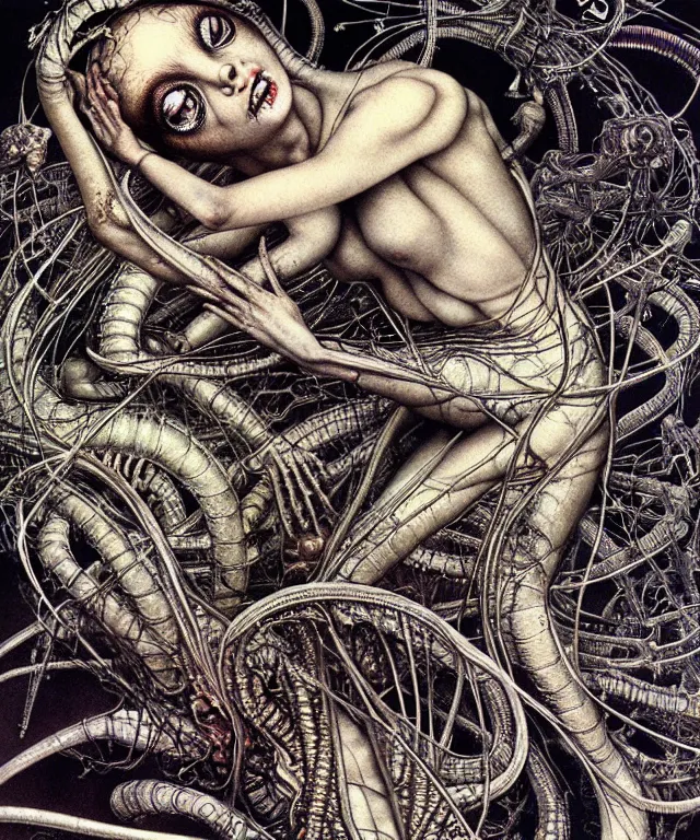 Image similar to realistic detailed photo of the miracle of life by H.R.Giger, Vania Zouravliov, by Ayami Kojima, Amano, Takato Yamamoto