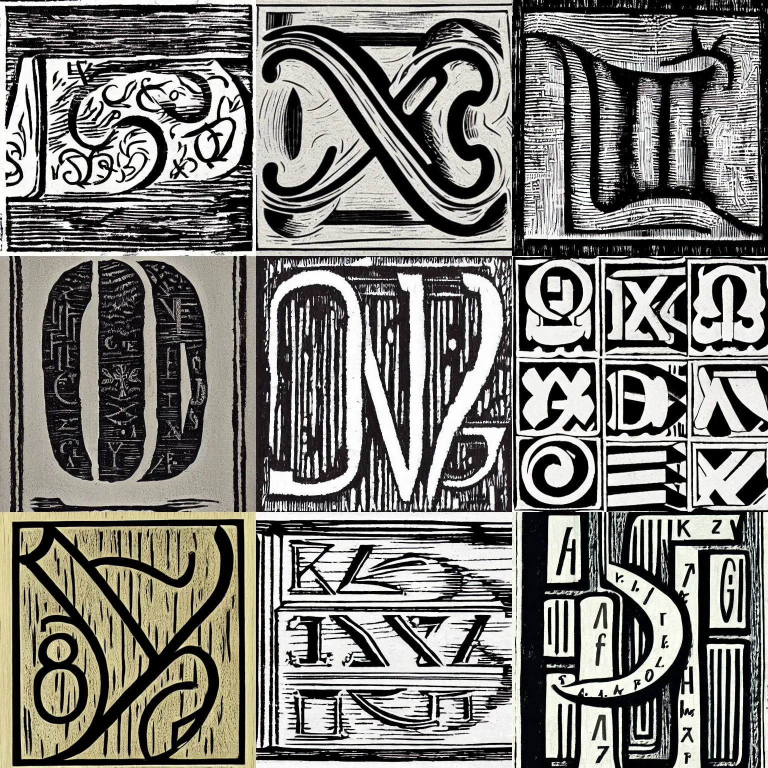 Prompt: woodcut of an invented alphabet