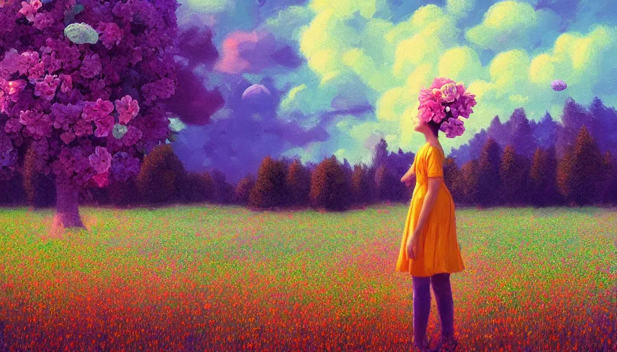 Image similar to girl with a flower face, surreal photography, dream, standing in field with giant flowers, hills, big trees, sunrise dramatic light, impressionist painting, colorful clouds, digital painting, pointillism, artstation, simon stalenhag, flower face