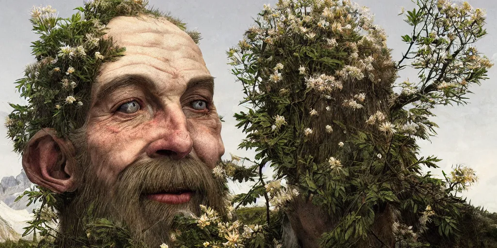 Prompt: old alpine famers head being overgrown by edelweiss, smiling, dolomites in background, dark, eerie, despair, portrait photography, artstation, digital art, adward winning, concept art, artstation, highly detailed, sharp focus, by caravaggio