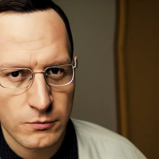 Image similar to clean shaven mateusz morawiecki in a still from the show breaking bad, 4 k, high quality, very mateusz morawiecki, desert, slight yellow hue