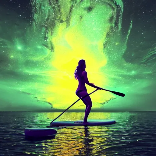 Image similar to bikini girl bioluminescent bacteria in water paddleboarding at night by highway man painting, stars, galaxies, photorealistic, high resolution, vray, hdr, hyper detailed, insane details, intricate, elite, ornate, elegant, luxury, dramatic lighting, octane render, weta digital, micro details, 3 d sculpture