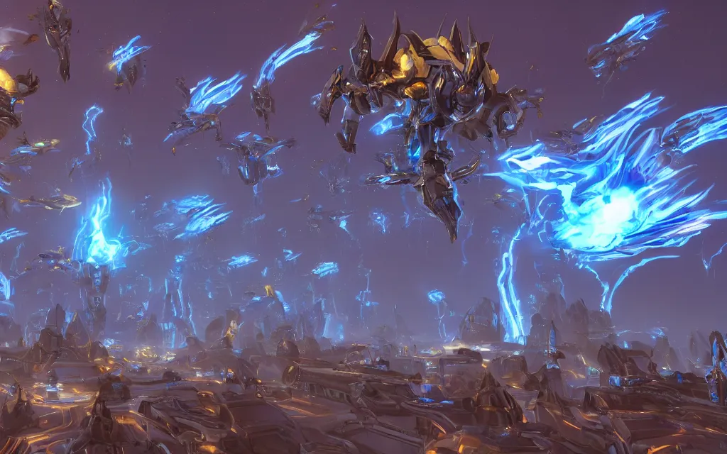 Image similar to protoss structure city, protoss vehicles flying, cinematic dramatic lighting, beautiful