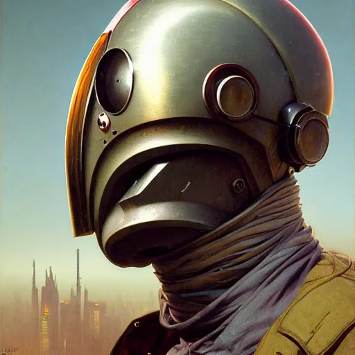 Prompt: a expressive portrait of masked diesel punk helmet on the art deco streets of the big city, artstation, award - winning realistic sci - fi concept art by jim burns and greg rutkowski, beksinski, a realism masterpiece, expressive color palette, james gilleard, bruegel, alphonse mucha, and yoshitaka amano