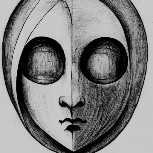 Prompt: an ink drawing of da vinci style white tragedy mask, intimidating glare