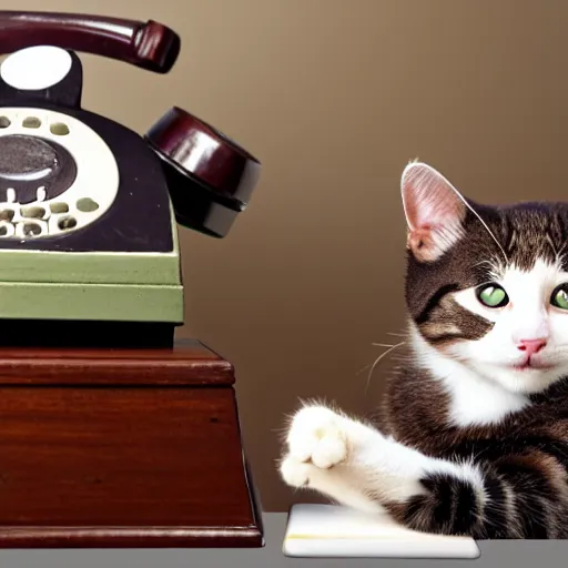 Image similar to photo of a cat laughing wide and hilariously into an old rotary phone that it is holding with its paw to its face. interior home office, at computer deist and keyboard and monitor, tec - supportt, it help, frustration, spilling coffee everywhere