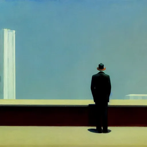 Image similar to painting of a lone man in front of a tall building. by edward hopper and james gilleard