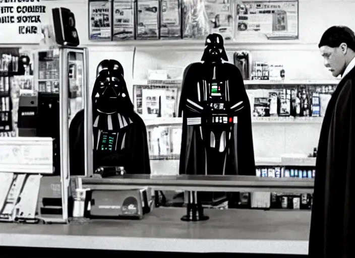 Image similar to film still of Darth Vader working as a clerk in a convenience store in the new Clerks movie 1994