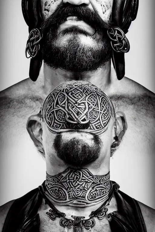Prompt: a cinematic view of wide bw photo from a very ornated old brazilian actorantonio renato aragao didi viking, shaved haircut, mexican mustache, showing celtic tattoos in the head, using leather armour with necklace of bones, naughty expression, photorealistic, volummetric light, depth of field, detailed, texturized, zeiss lens high professional mode