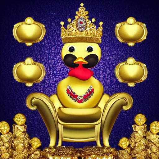 Prompt: King duck sitting on a gold throne decorated with many rubies and diamonds, duck is wearing a gold crown and gold necklace, super realistic, 4k