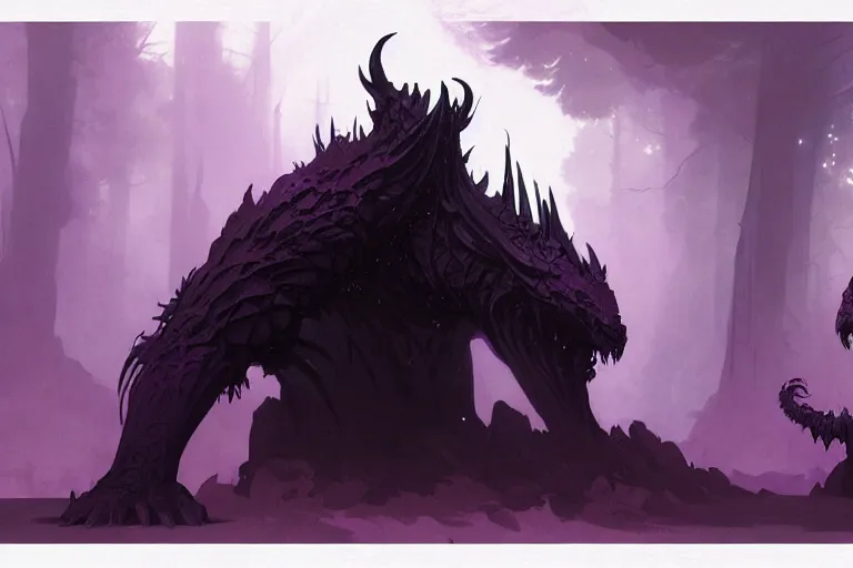 Image similar to concept art of a dispacer beast, d & d creature, by greg rutkowski and alphonse mucha, gradient black to purple, monoliths in a dark forest background, highly detailed, digital painting, artstation, concept art, smooth, sharp focus illustration, artstation hq