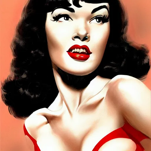 Prompt: portrait of bettie page, intricate, elegant, glowing lights, highly detailed, digital painting, artstation, glamor pose, concept art, smooth, sharp focus, illustration, art by frank frazetta, william mortensen, arny freytag