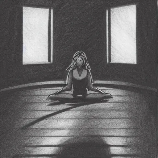 Prompt: of a takashi okazaki style pencil and ink manga drawing of scarlett johansson meditating in the middle of a dojo with dramatic moonlight coming in through the window.