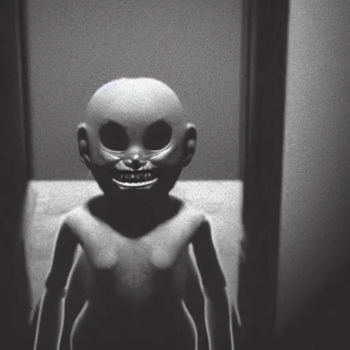 Prompt: an ultra realistic creepy humanoid with an unnatural smile from the p. t. video game, it is deformed and is staring at the camera from the end of a dark liminal hallway. caught on vhs, film grain, flashlight lighting, 8 k, extremely detailed,