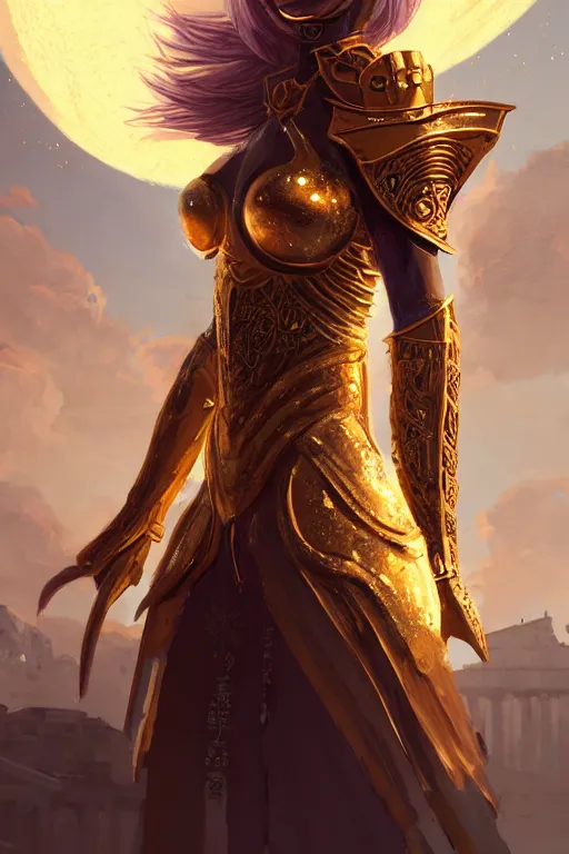 Image similar to portrait knights of zodiac girl, golden and copper shining armor, in ruined agora of athens sunrise, ssci - fi and fantasy, intricate and very very beautiful and elegant, highly detailed, digital painting, artstation, concept art, smooth and sharp focus, illustration, art by tian zi and wlop and z - - ed and ilya kuvshinov