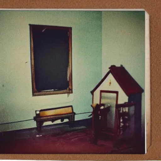 Prompt: coloured atmospheric polaroid photo of a with transparent corpse dead body floating in old living room interior