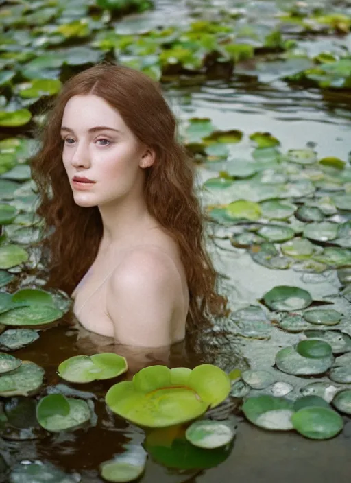 Image similar to Kodak Portra 400, 8K, soft light, volumetric lighting, highly detailed, britt marling style 3/4 ,portrait photo Close-up portrait photography of a beautiful woman how pre-Raphaelites, the face emerges from a pond surrounded by lily pads, thermal waters flowing down white travertine terraces, inspired by Ophelia paint ,and hair are intricate with highly detailed realistic beautiful flowers , Realistic, Refined, Highly Detailed, interstellar outdoor soft pastel lighting colors scheme, outdoor fine art photography, Hyper realistic, photo realistic