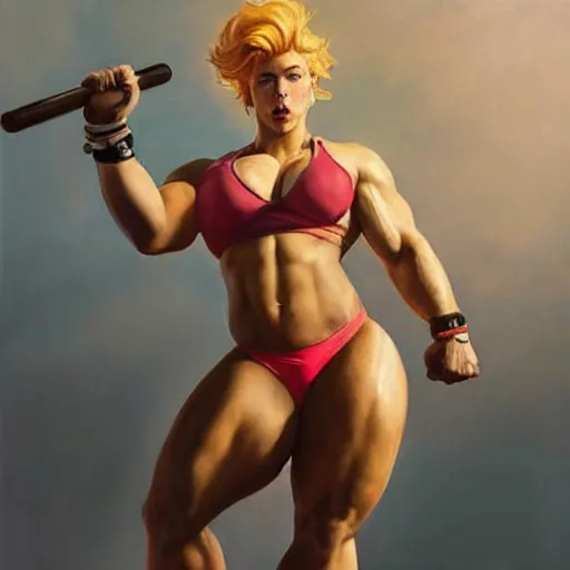 Prompt: greg manchess portrait of thick muscular weightlifter zarya from overwatch with ponytail and blond hair played by scarlett johansson showing back muscles, medium shot, asymmetrical, profile picture, organic painting, sunny day, matte painting, bold shapes, hard edges, street art, trending on artstation, by huang guangjian and gil elvgren and sachin teng