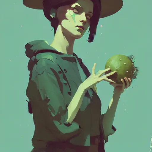 Image similar to portrait of solarpunk green witch by atey ghailan, by greg rutkowski, by simon stalenhag, by greg tocchini, by james gilleard, by joe fenton, by kaethe butcher dynamic lighting, gradient light blue, brown, blonde cream and white color scheme, grunge aesthetic