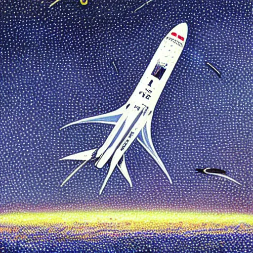 Image similar to spacex starship rocket landing on earth, pointillism painting