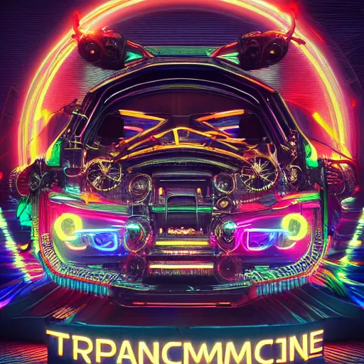 Prompt: album art, the album is called tripmachine, trance music, a huge steampunk mechanic machine made of loudspeakers and music intruments, with many gears and tubes and wires,, 8 k, fluorescent colors, halluzinogenic, multicolored, blue neon accents, exaggerated detailed, front shot, 3 d render, octane