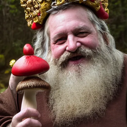 Prompt: a realistic high definition 3 5 mm magazine centerfold photograph of an overweight bearded old wizard. he is wearing a ceremonial bikini outfit made of finely embroidered leather and a finely carved wooden mushroom crown. he is holding a mushroom up to his nose and sniffing enthusiastically and smiling. natural light and river setting. dynamic composition and volumetric lighting