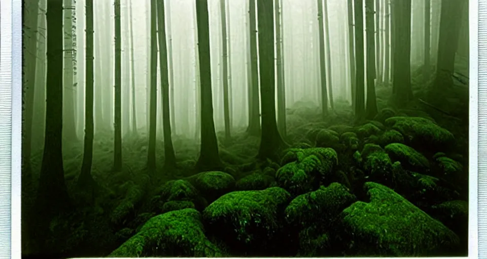 Image similar to deep inside the forest, fog, mist, moss, ferns, by ansel adams, polaroid