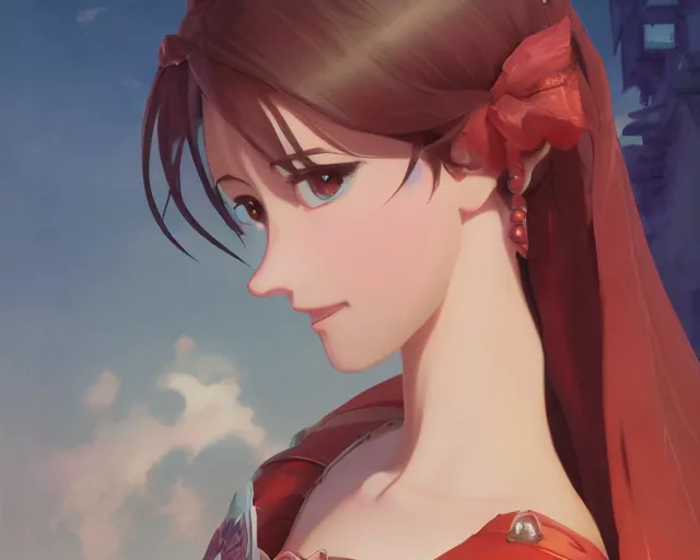 Image similar to full body portrait character concept art, oil painting anime key visual of human princess fiona, studio lighting delicate features finely detailed perfect face directed gaze, at an ancient city, gapmoe yandere grimdark, trending on pixiv fanbox, painted by greg rutkowski makoto shinkai takashi takeuchi studio ghibli