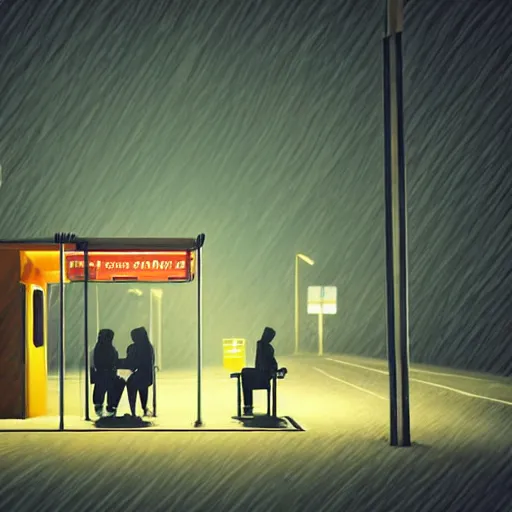 Image similar to a some people waiting in a lone bus stop in quiet dark city night, low poly stylized but with dramatic lighting, low angle camera view, high quality, high resolution,detailed
