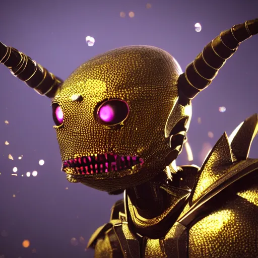 Prompt: a insect alien with a very detailed armour covered in blood eyes of gold sparkles cinematic high quality, sharp, unreal engine 5