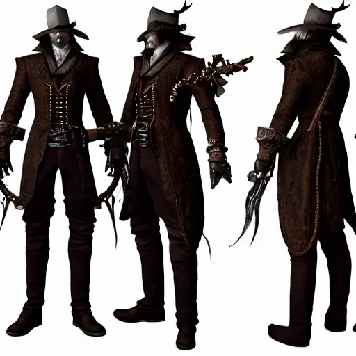 Prompt: Full body profile of Male Victorian Gothic Pirate Genshin Impact character, hd, intricate, bloodborne, 8k, digital art