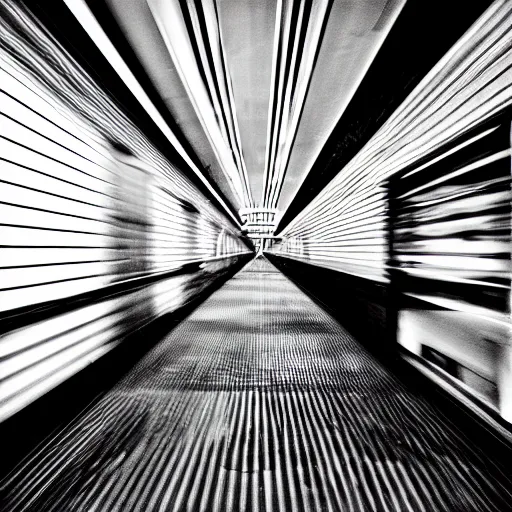 Prompt: noisy photograph of a retrofuturist underground liminal space, minimalist, motion blur