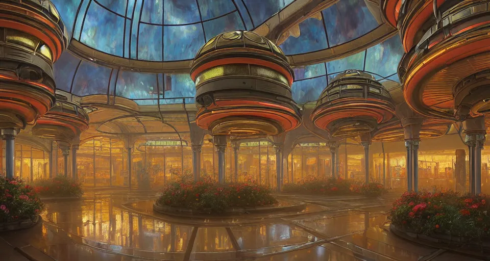 Prompt: a minimalist oil painting by donato giancola, warm coloured, cinematic scifi luxurious futuristic foggy steam filled victorian garden circular shopping mall interior with digital stained glass flowers growing out of pretty bulbous ceramic fountains, gigantic pillars and flowers, maschinen krieger, beeple, star trek, star wars, ilm, star citizen, mass effect, artstation, atmospheric perspective