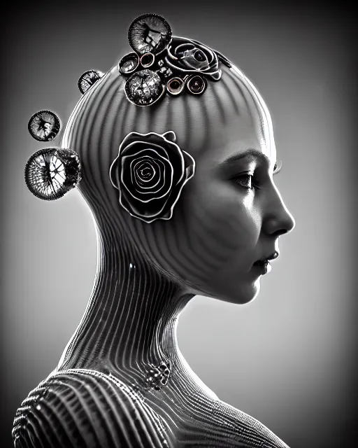 Image similar to mythical dreamy black and white organic bio - mechanical spinal ribbed profile face portrait detail of translucent steampunk beautiful female angelic - human - queen - vegetal - cyborg, highly detailed, intricate crystal ivy jelly ornate, poetic, translucent roses ornate, 3 d render, digital art, octane render, 8 k artistic photography, photo - realistic, by dora maar