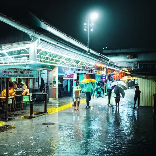 Image similar to A rainy night outside a Singaporean hawker centre with neon lights, award-winning photography, cinematic lighting