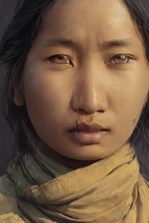 Image similar to a young nepalese woman, close-up portrait, poor, intricate, elegant, volumetric lighting, scenery, digital painting, highly detailed, artstation, sharp focus, illustration, concept art,ruan jia, steve mccurry