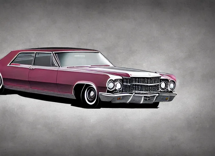 Prompt: cadillac fleetwood 1 9 6 7 with front design from ford mustang 1 9 7 0. design by cory loftis, fenghua zhong, bradbuilds, ryohei hase, ismail inceoglu, ruan jia, henrik fisker, bruce kaiser, scott robertson, dmitry mazurkevich, doruk erdem, and jon sibal. volumetric light