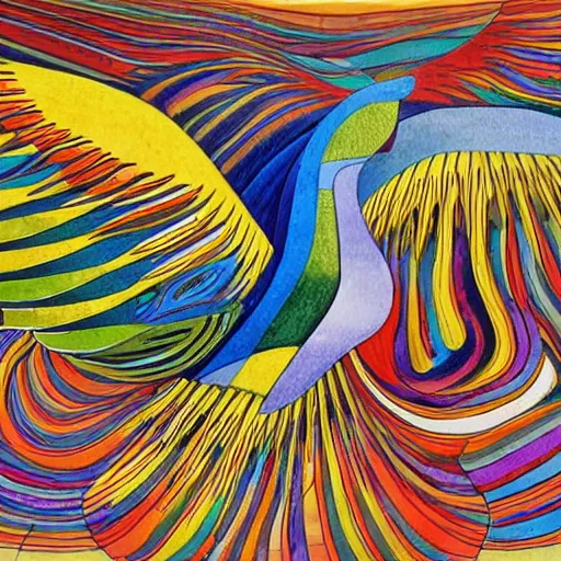 Prompt: A beautiful land art of a large, colorful bird with a long, sweeping tail. The bird is surrounded by swirling lines and geometric shapes in a variety of colors by Patrick Woodroffe, by Malcolm Liepke dynamic, artificial