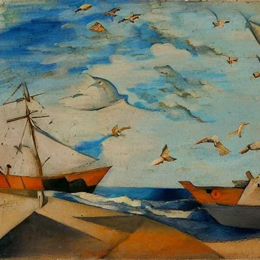 Image similar to A coast with sand and small rocks with a blue sky and a troubled sea and an old sailing ship on the horizon and in the sky is a flock of birds flying southwards, painted in oil colours, cubism