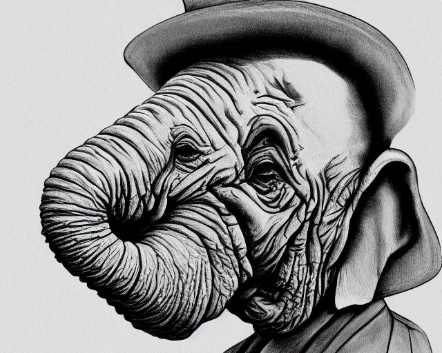 Prompt: a caricature art portrait of the elephant man, in the style of sebastian kruger, high def, detailed, art, fine art, sharp focus, highly detailed