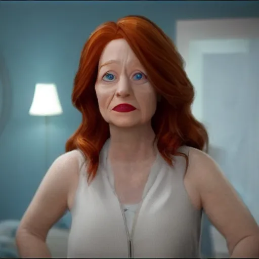 Image similar to in this new still from pixar movie the president a seemingly deranged red headed woman stares at the camera 4k