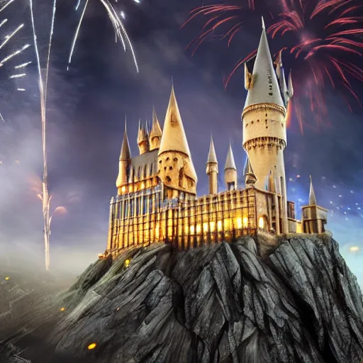 Image similar to hogwarts castle with fireworks and wizards flying on brooms in the night sky, volumetric lighting, 8 k octane beautifully detailed render, post - processing, extremely hyper - detailed, intricate, epic composition, cinematic lighting, masterpiece, trending on artstation, detailed detailed detailed, masterpiece, stunning art by anders zorn, wonderful masterpiece by greg rutkowski, beautiful cinematic light,